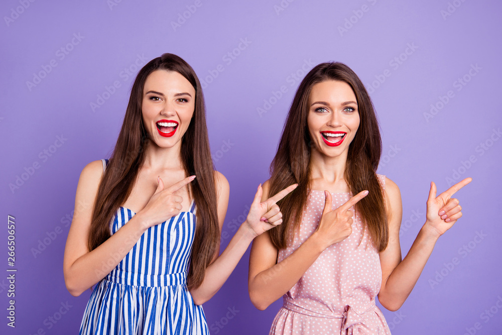 Portrait of nice-looking charming cute lovely shine winsome glamorous attractive cheerful cheery positive ladies pointing aside sale discount black friday isolated over pastel violet background