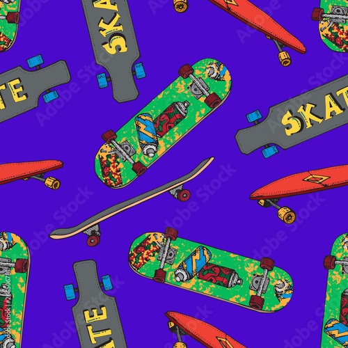 Skateboard  seamless pattern. Doodle Longboard, pennyboard. Lettering skateboard. Hand drawn vector illustration for poster, t-shirt, textile