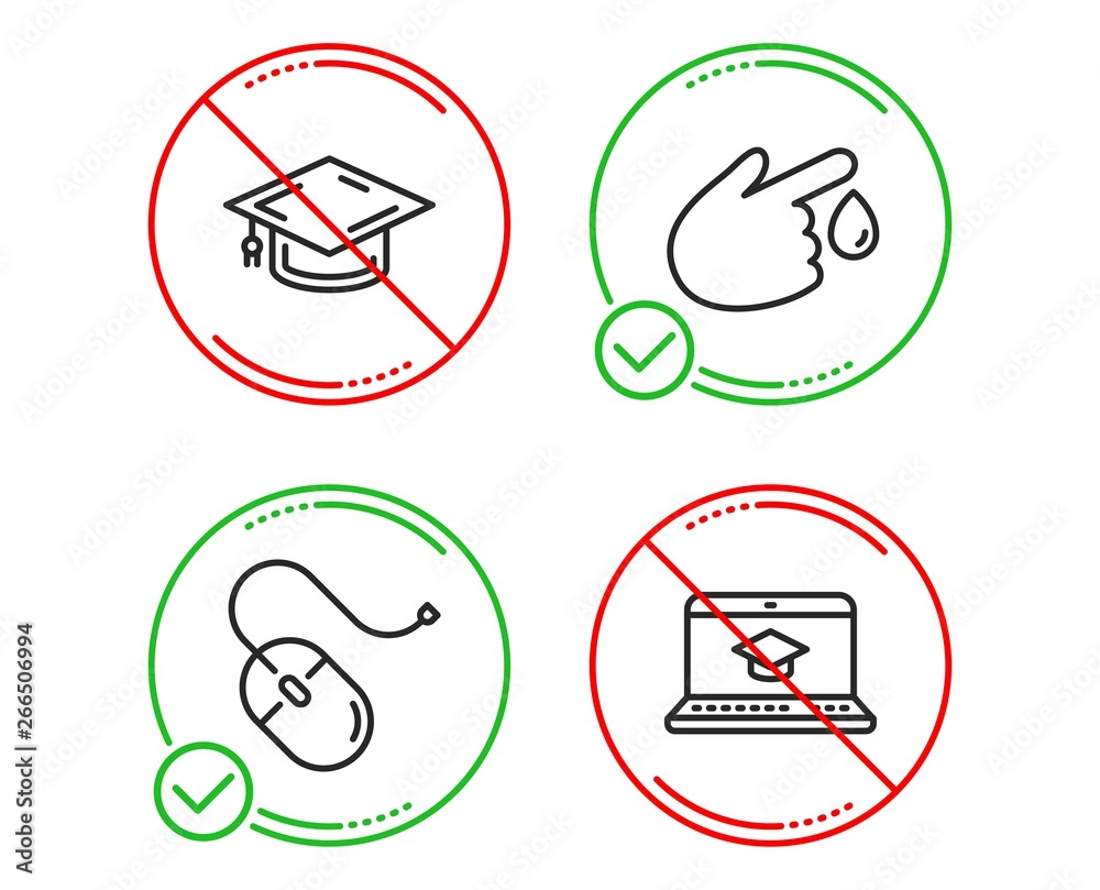 Do or Stop. Blood donation, Computer mouse and Graduation cap icons simple set. Website education sign. Injury, Pc device, University. Video learning. Science set. Line blood donation do icon. Vector