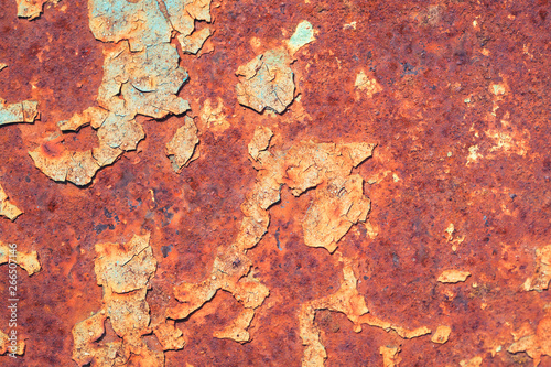 Old grungy cracked blue weathered wall paint peeling off rusted metal sheet. Textured background for posters and bloggers