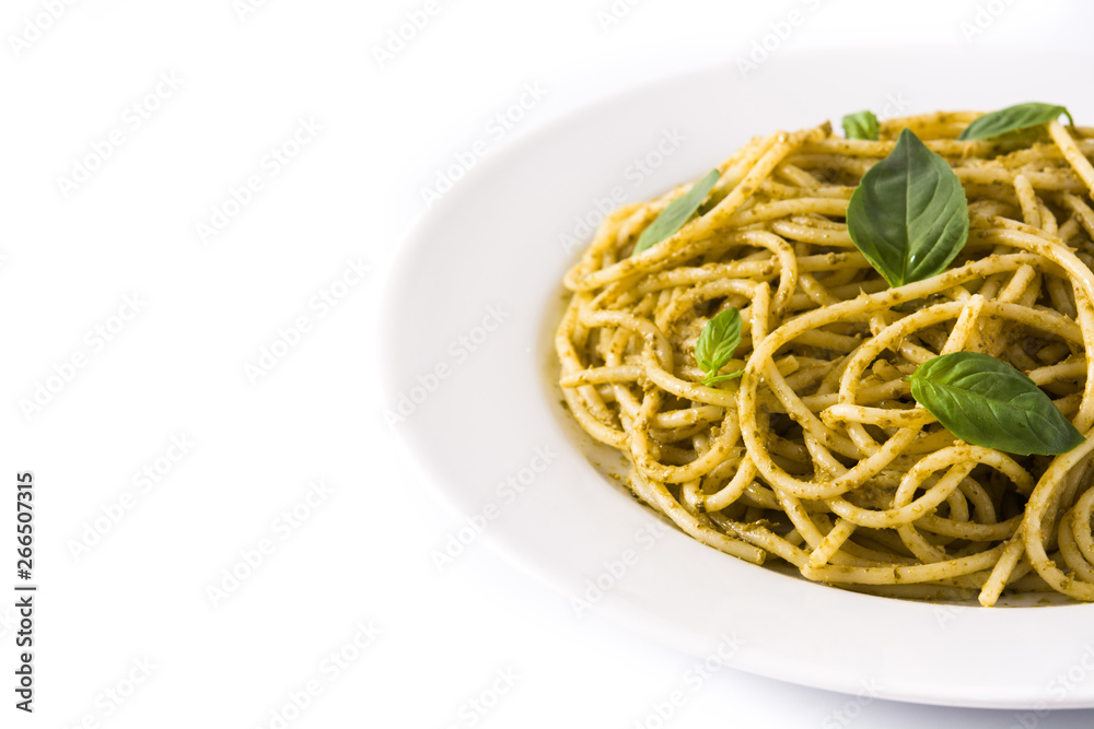 Spaghetti pasta with pesto sauce