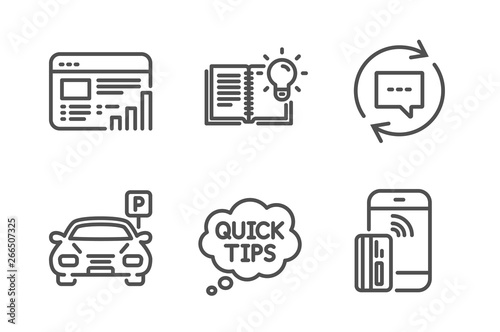 Web report, Update comments and Quick tips icons simple set. Parking, Product knowledge and Contactless payment signs. Graph chart, Chat speech bubble. Technology set. Line web report icon. Vector