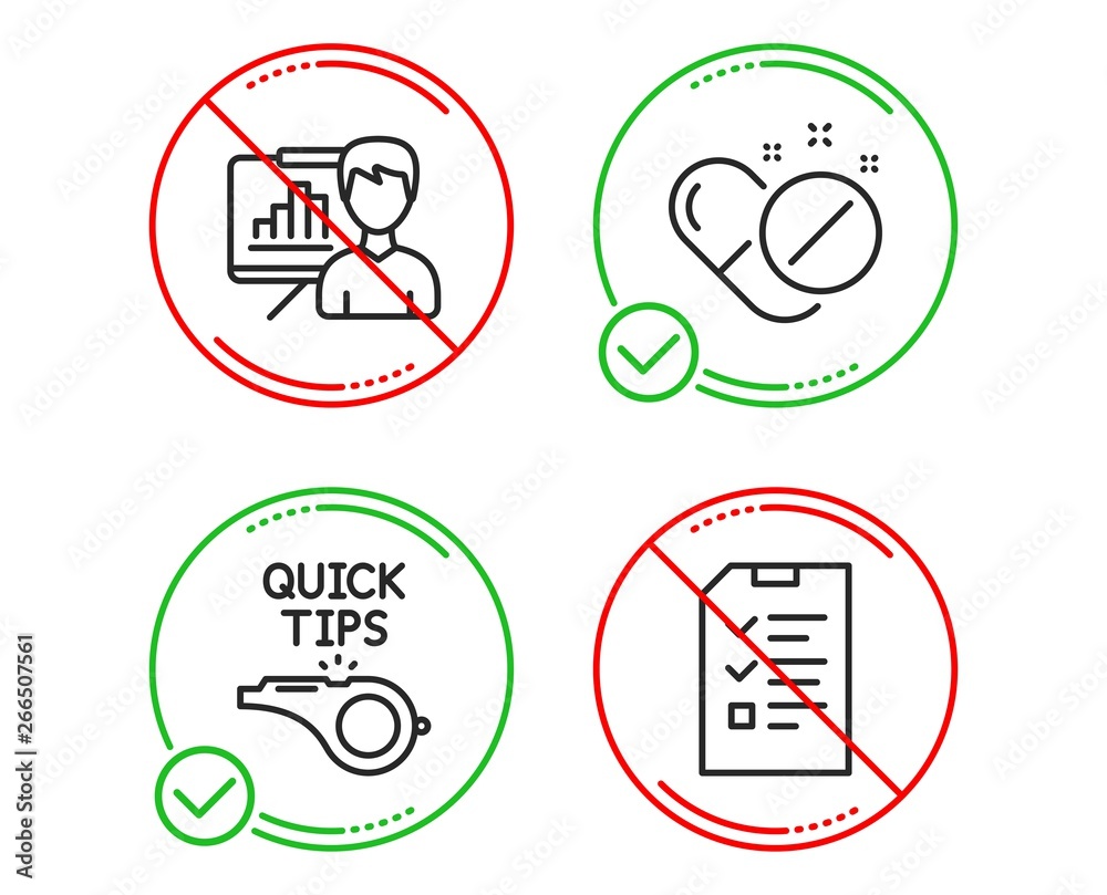 Do or Stop. Presentation board, Tutorials and Medical pills icons simple set. Interview sign. Growth chart, Quick tips, Drugs. Checklist file. Science set. Line presentation board do icon. Vector