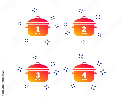 Cooking pan icons. Boil 1, 2, 3 and 4 minutes signs. Stew food symbol. Random dynamic shapes. Gradient boil icon. Vector