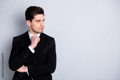 Close up photo amazing he him his macho attractive handsome look wondered side empty space watch seminar report wear white shirt black suit jacket tie formal-wear isolated bright grey background