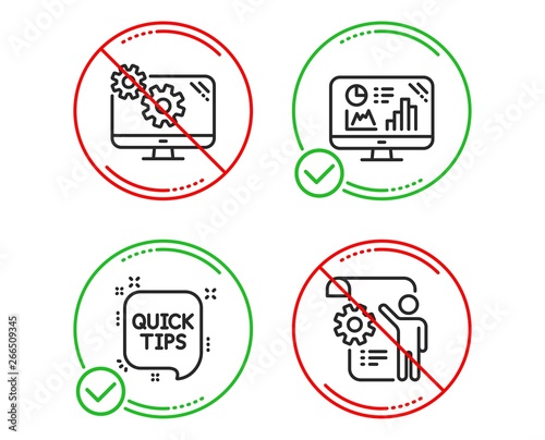 Do or Stop. Analytics graph, Quick tips and Settings icons simple set. Settings blueprint sign. Growth report, Helpful tricks, Cogwheel tool. Engineering cogwheel. Science set. Vector