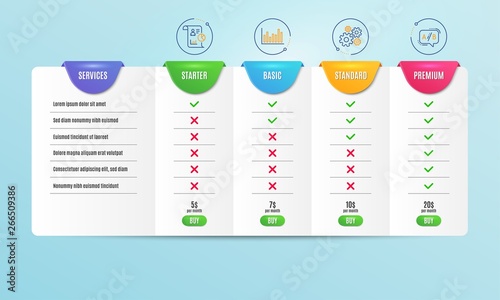 Bar diagram, Report and Cogwheel icons simple set. Comparison table. Ab testing sign. Statistics infochart, Work statistics, Engineering tool. Test chat. Science set. Pricing plan. Vector