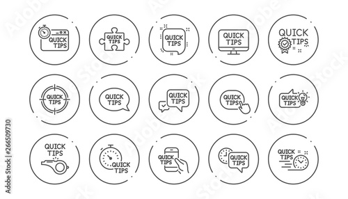 Quick tips line icons. Helpful tricks  Solution and Quickstart guide. Tutorial linear icon set. Line buttons with icon. Editable stroke. Vector