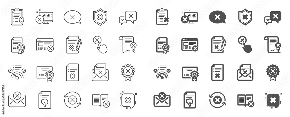 Reject or cancel line icons. Set of Decline certificate, Cancellation and Dislike icons. Refuse, Reject stamp, Disapprove or cancel. Wrong agreement, delete certificate, checklist document. Vector Reject or cancel line icons. Set of Decline certificate, Cancellation and Dislike icons. Refuse, Reject stamp, Disapprove or cancel. Wrong agreement, delete certificate, checklist document. Vector