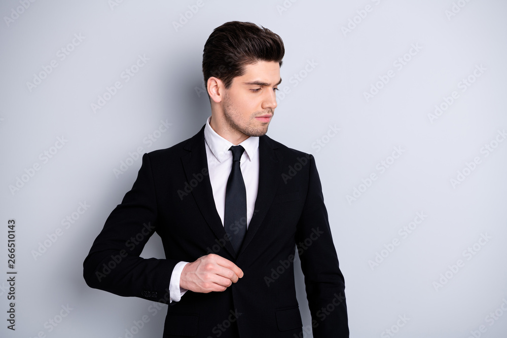 Portrait of gorgeous attractive chief investor investment true leader leadership expert ready for work touch feel content satisfied button expensive blazer look isolated on grey background Portrait of gorgeous attractive chief investor investment true leader leadership expert ready for work touch feel content satisfied button expensive blazer look isolated on grey background