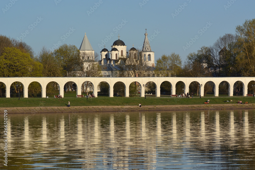 Veliky Novgorod Yaroslavovo Dvorishche. Spring view with reflection in the river