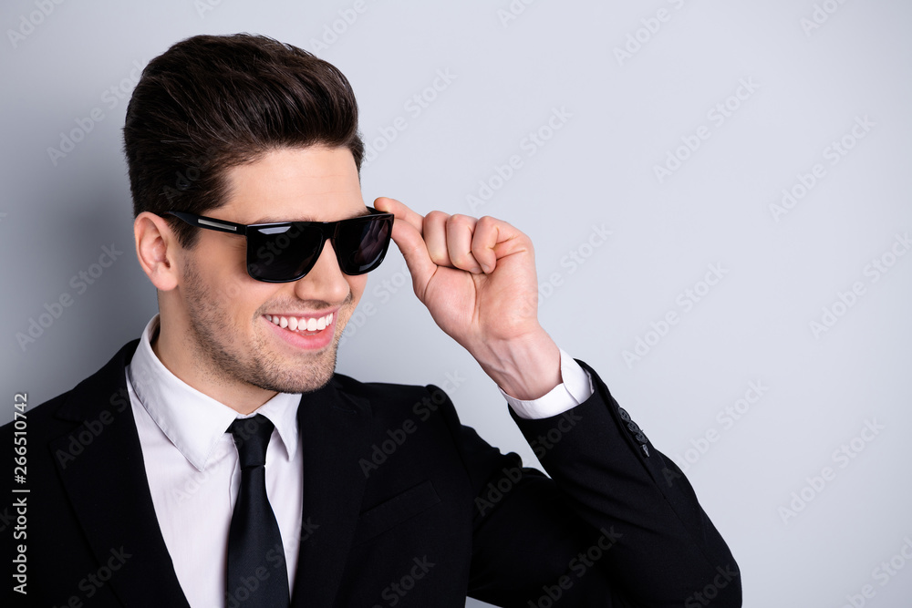 Close up photo of handsome gorgeous masculine financier touch specs feel excited enjoy leader leadership concept have fashionable stylish blazer isolated on grey argent background Close up photo of handsome gorgeous masculine financier touch specs feel excited enjoy leader leadership concept have fashionable stylish blazer isolated on grey argent background