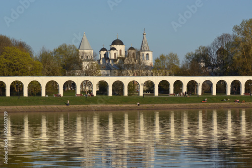 Veliky Novgorod Yaroslavovo Dvorishche. Spring view with reflection in the river