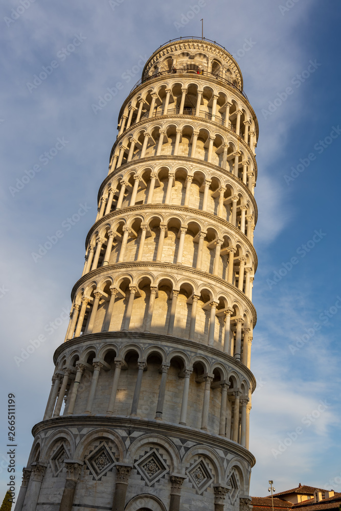 PISA, TUSCANY/ITALY  - APRIL 18 : Exterior view of the Leaning Tower in Pisa Tuscany Italy on April 18, 2019. unidentified people