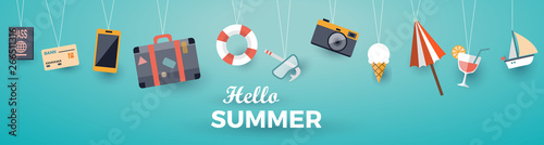 Hello summer with decoration origami hanging on the sky background. Vector illustration with boat, luggage, sailing boat, cocktail, suitcase, passport, camera, smartphone, credit card and umbrella
