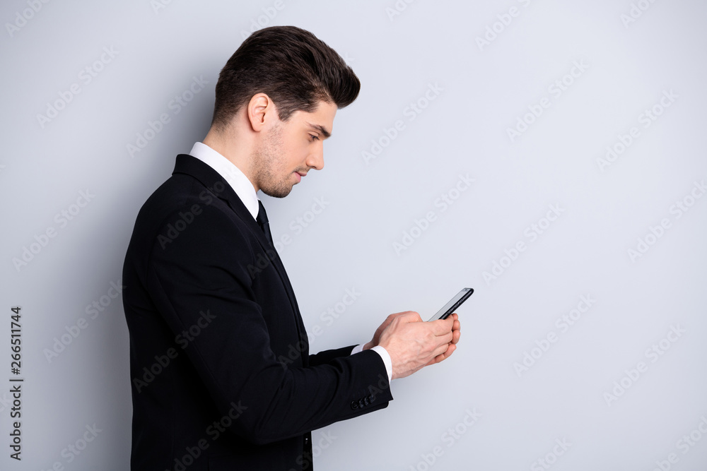 Profile side view photo focused concentrated agent boss chef have communication conversation arrange meetings colleagues clients search information wear classic outfit isolated silver background Profile side view photo focused concentrated agent boss chef have communication conversation arrange meetings colleagues clients search information wear classic outfit isolated silver background