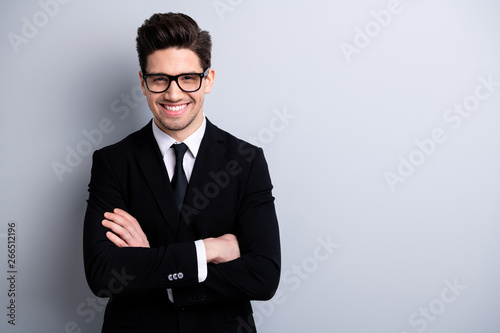 Portrait of his he nice imposing representative elegant classy chic brainy attractive cheerful guy executive leader expert development agent broker isolated over light gray background photo