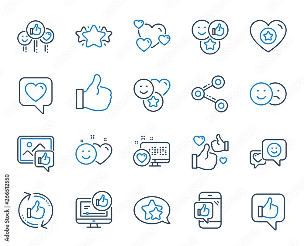 Social media line icons. Set - Share network, Social links and Rating ...