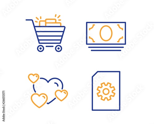 Heart, Cash money and Shopping cart icons simple set. File management sign. Love rating, Banking currency, Gifts. Doc with cogwheel. Business set. Linear heart icon. Colorful design set. Vector
