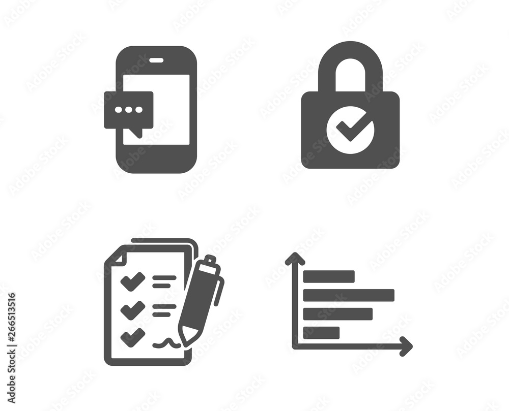 Set of Smartphone message, Password encryption and Survey checklist icons. Horizontal chart sign. Cellphone chat, Protection locker, Report. Presentation graph. Classic design smartphone message icon Set of Smartphone message, Password encryption and Survey checklist icons. Horizontal chart sign. Cellphone chat, Protection locker, Report. Presentation graph. Classic design smartphone message icon
