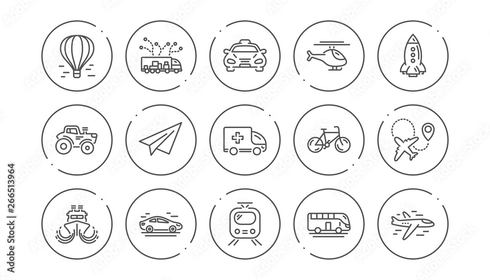Transport line icons. Taxi, Helicopter and Train. Airplane linear icon set. Line buttons with icon. Editable stroke. Vector