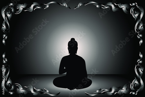 Sihouette Siddhartha gautama with monochrome glowing background and traditional border frame