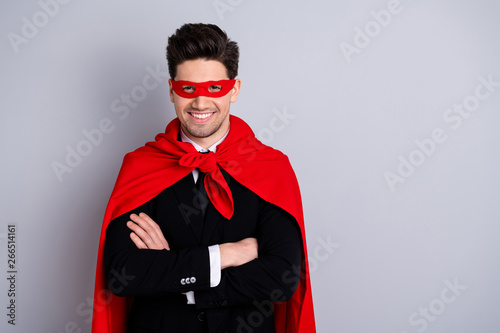 Portrait of nice attractive cheerful cheery incognito best perfect great excellent ideal guy wearing vivid bright super look outfit mantle accessory isolated over light gray background photo