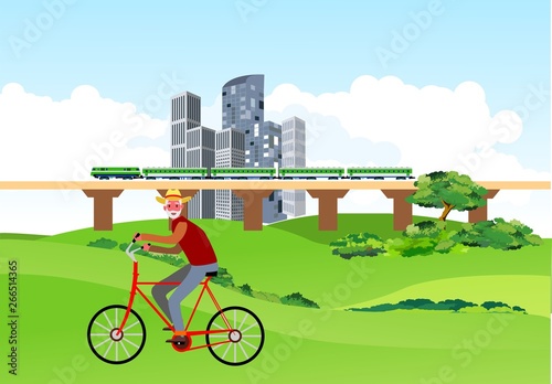 Old man ride the bycycle in the city park, urban landscape in background, vector
