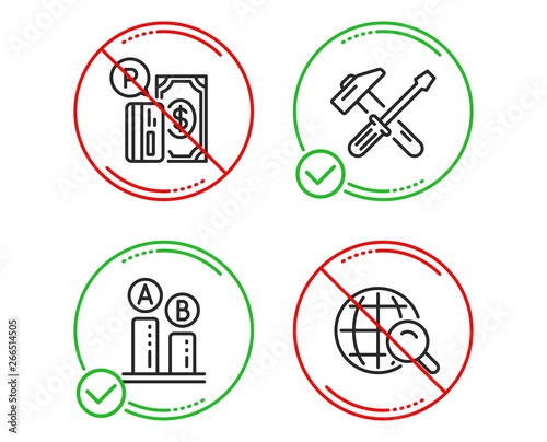 Do or Stop. Hammer tool, Parking payment and Ab testing icons simple set. Internet search sign. Repair screwdriver, Paid garage, Test chart. Web finder. Technology set. Line hammer tool do icon