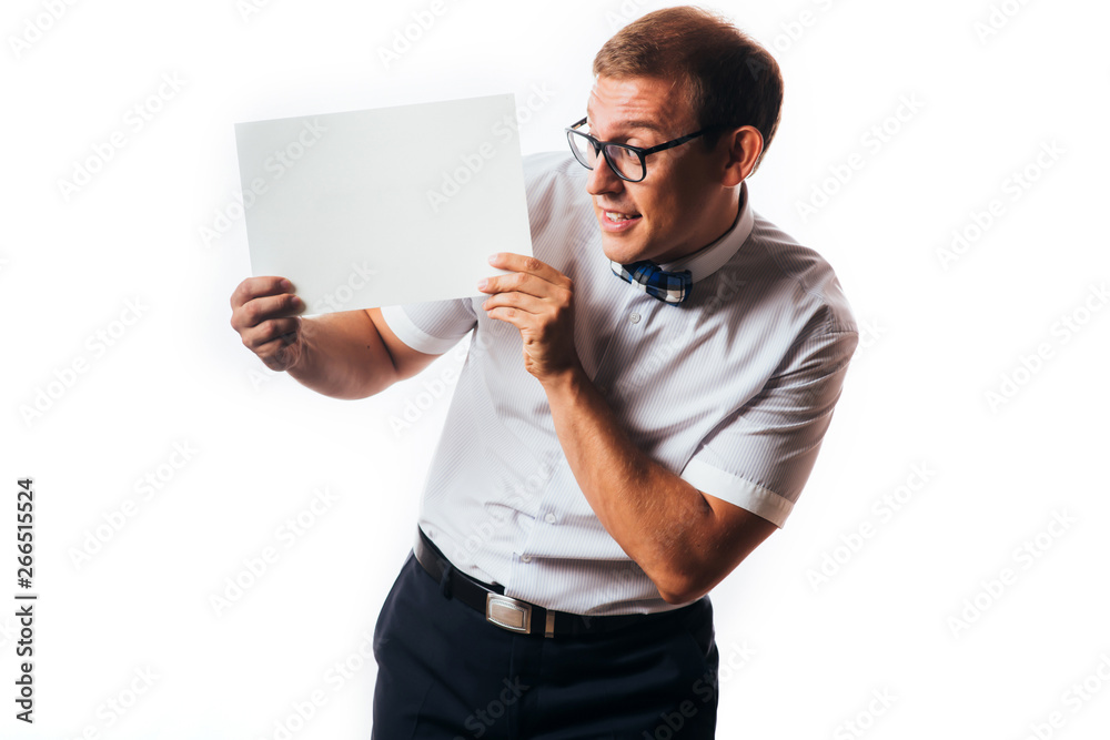 man holds the white sign in a studio white background copy space man holds the white sign in a studio white background copy space