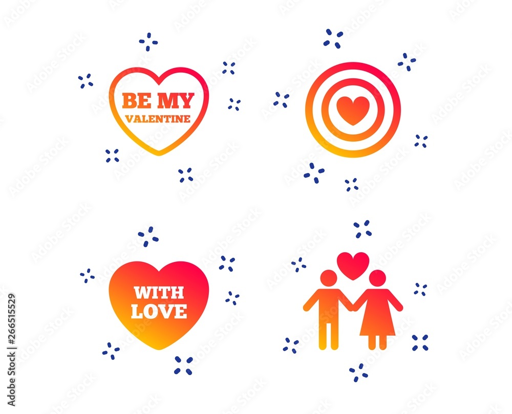 Valentine day love icons. Target aim with heart symbol. Couple lovers sign. Random dynamic shapes. Gradient love icon. Vector