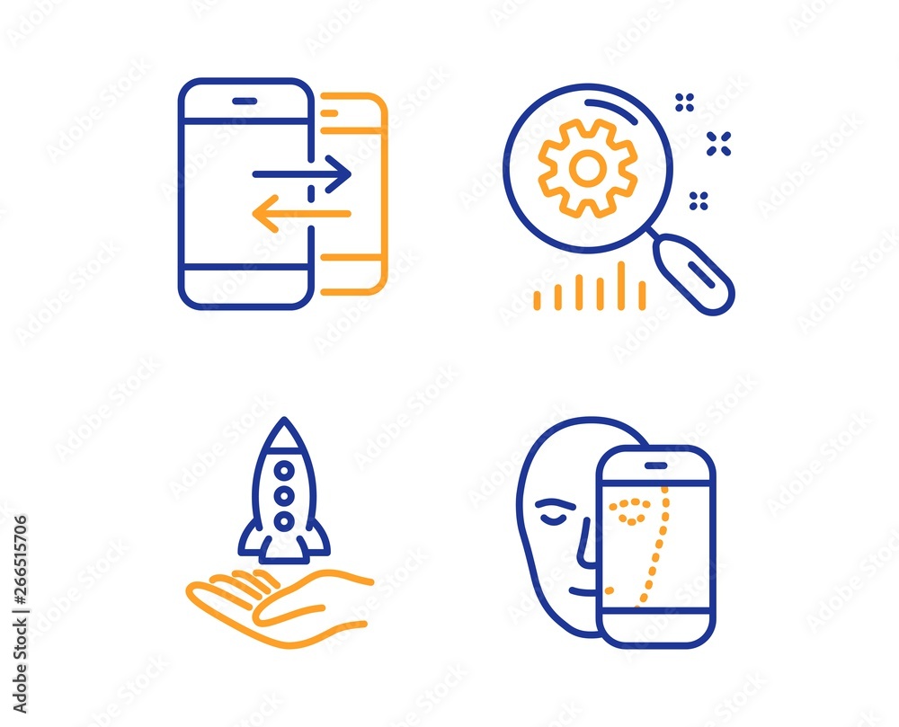 Phone communication, Crowdfunding and Search statistics icons simple set. Face biometrics sign. Incoming and outgoing calls, Start business, Analysis. Facial recognition. Technology set. Vector