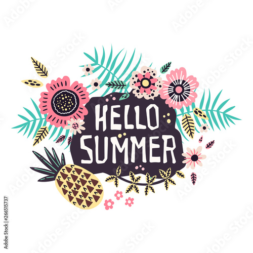 Vector lettering: Hello Summer - surrounded by tropical fruits and plants.