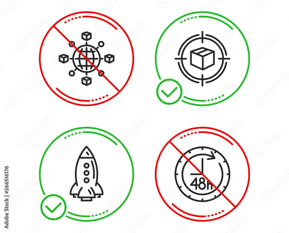 Do or Stop. Rocket, Logistics network and Parcel tracking icons simple set. 48 hours sign. Spaceship, International tracking, Box in target. Delivery service. Transportation set. Line rocket do icon Do or Stop. Rocket, Logistics network and Parcel tracking icons simple set. 48 hours sign. Spaceship, International tracking, Box in target. Delivery service. Transportation set. Line rocket do icon