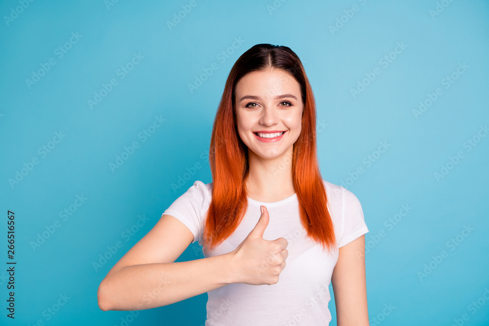 Portrait of nice charming cute lady advertise ads choice decision recommendation advise option alright sale tip information satisfied enjoy content modern clothing isolated blue background Portrait of nice charming cute lady advertise ads choice decision recommendation advise option alright sale tip information satisfied enjoy content modern clothing isolated blue background
