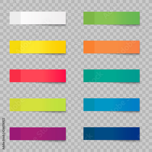 Post note stickers isolated on transparent background. Vector color sticky tapes with shadow template.