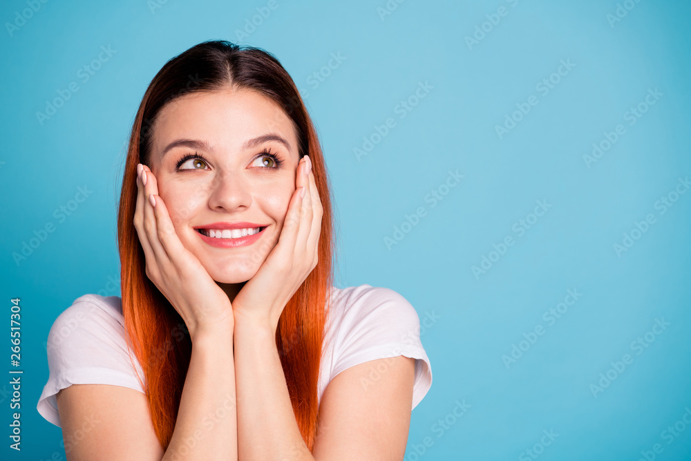 Close up photo nice charming attractive girl youth people touch hands palms cheeks face thoughts future interested minded motivated good mood wear fashionable spring clothing isolated blue background Close up photo nice charming attractive girl youth people touch hands palms cheeks face thoughts future interested minded motivated good mood wear fashionable spring clothing isolated blue background