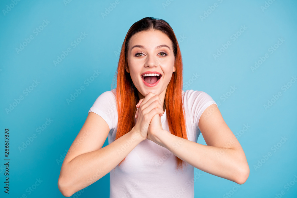 Portrait charming cute youth millennial place palms hands astonished impressed incredible news want wait expect gift present surprise get rejoice enjoy content summer outfit isolated blue background Portrait charming cute youth millennial place palms hands astonished impressed incredible news want wait expect gift present surprise get rejoice enjoy content summer outfit isolated blue background