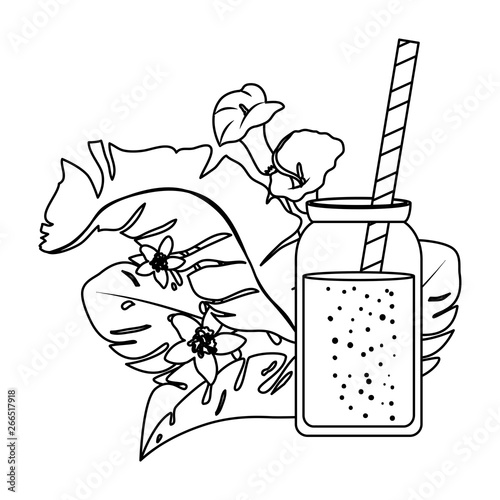 juice fruits in pot with straw and tropical floral decoration
