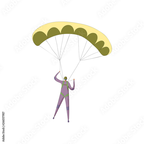 Skydiver in a purple suit descends on an open yellow parachute. Vector illustration on white background.