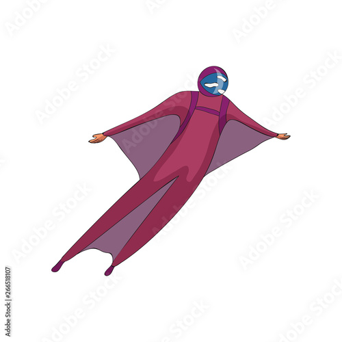 Skydiver soars in a purple helmet and a suit with wings. Vector illustration on white background.