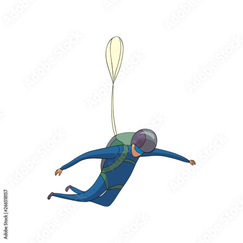 Skydiver walks down in a blue suit with a backpack. Reserve parachute is closed. Vector illustration on white background.