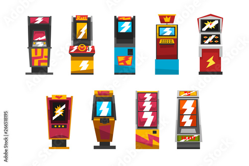 Slot machines set, arcade gambling equipment vector Illustrations on a white background