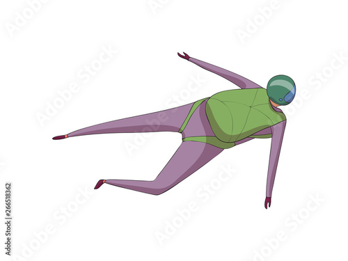 Skydiver soars in a purple suit with a green backpack. Vector illustration on white background.