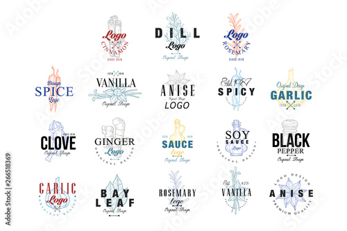 Spice logo design set, vanilla, anise, clove, ginger, soy sauce, bay leaf, garlic, rosemary badge can be used for culinary, cosmetics, menu, restaurant, shop, market vector Illustrations