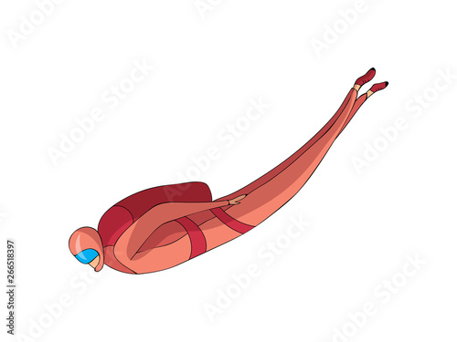 Skydiver quickly flies down in a red suit with a backpack. Side view. Vector illustration on white background.