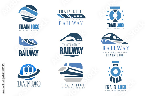 Train logo original design set, modern railway railroad transport emblem badge vector Illustrations