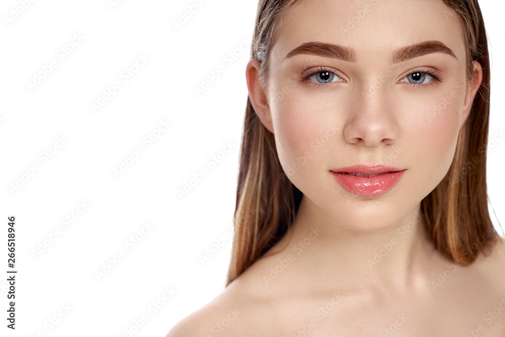 Model with bare shoulders, groomed face, blue eyes. Model with bare shoulders, groomed face, blue eyes.