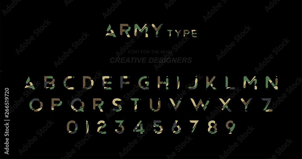 Army Original font a set of letters and numbers in camouflage for creative design template. Flat illustration EPS10 Army Original font a set of letters and numbers in camouflage for creative design template. Flat illustration EPS10
