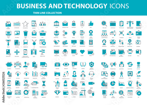 Set vector icons with elements for mobile concepts and web apps. Business and marketing, programming, data management, internet connection, social network, computing, information. Vector